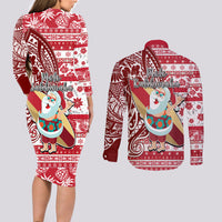 Hawaii Mele Kalikimaka Couples Matching Long Sleeve Bodycon Dress and Long Sleeve Button Shirt Santa Claus Surfing with Hawaiian Pattern Striped Red Style LT03 - Polynesian Pride