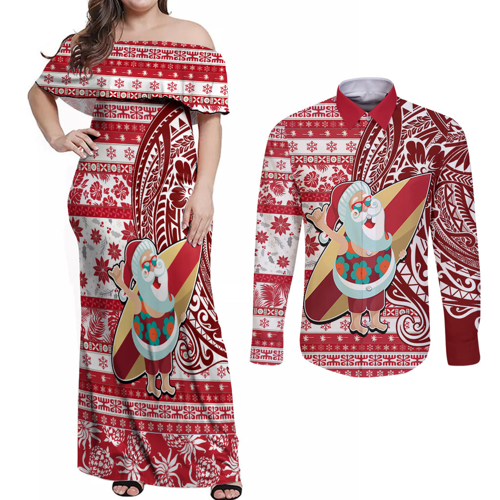 Hawaii Mele Kalikimaka Couples Matching Off Shoulder Maxi Dress and Long Sleeve Button Shirt Santa Claus Surfing with Hawaiian Pattern Striped Red Style LT03 Red - Polynesian Pride