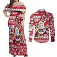 Hawaii Mele Kalikimaka Couples Matching Off Shoulder Maxi Dress and Long Sleeve Button Shirt Santa Claus Surfing with Hawaiian Pattern Striped Red Style LT03 Red - Polynesian Pride