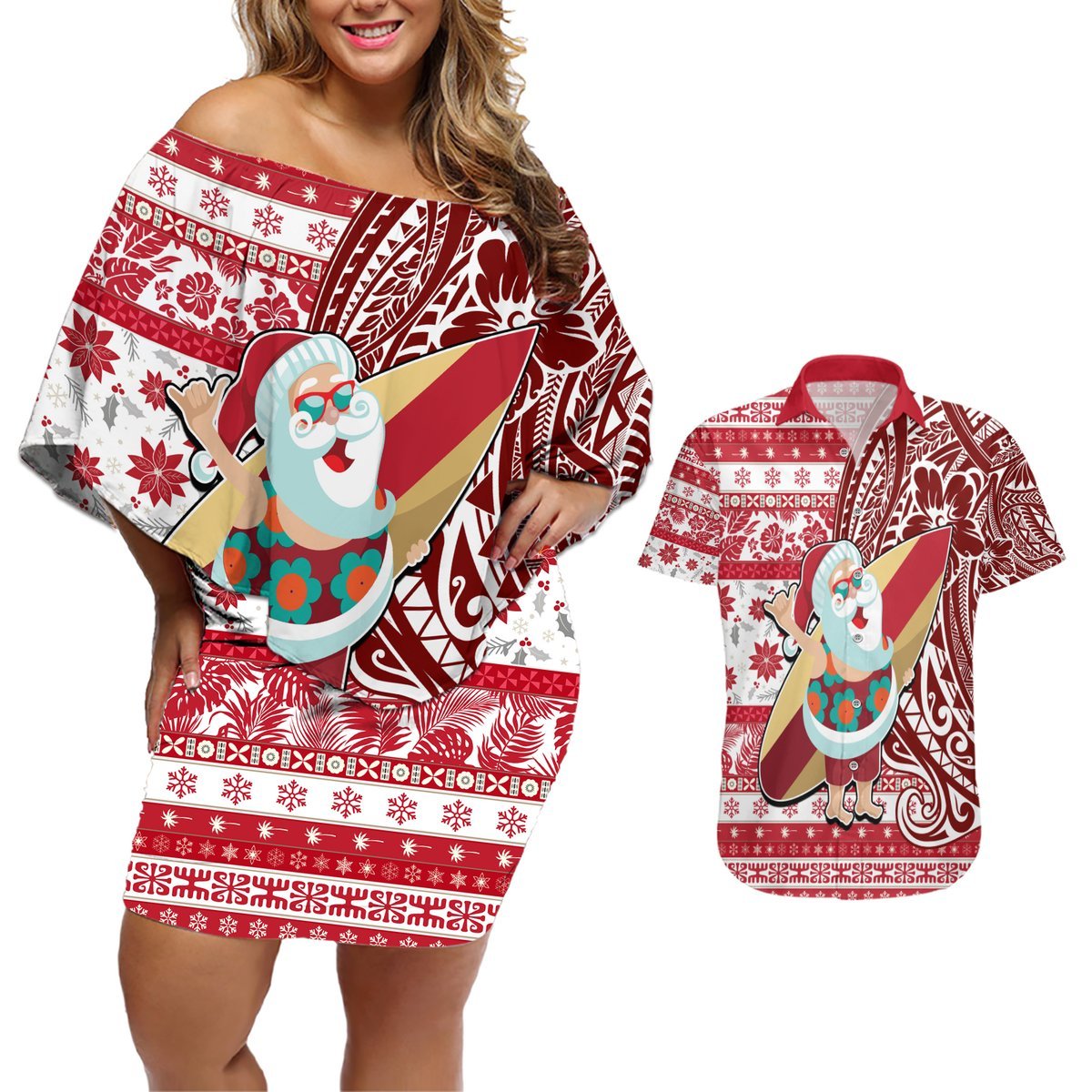 Hawaii Mele Kalikimaka Couples Matching Off Shoulder Short Dress and Hawaiian Shirt Santa Claus Surfing with Hawaiian Pattern Striped Red Style LT03 Red - Polynesian Pride