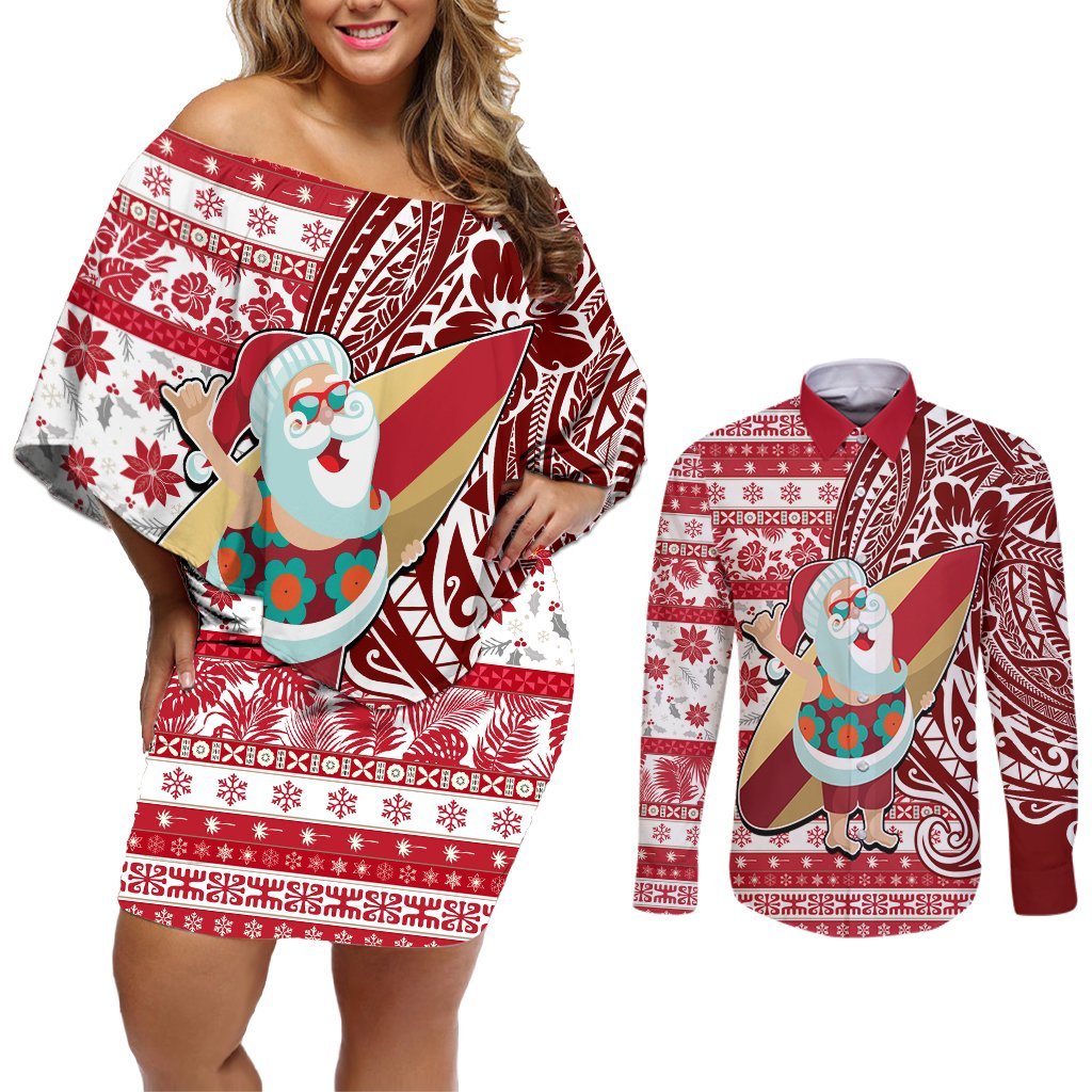 Hawaii Mele Kalikimaka Couples Matching Off Shoulder Short Dress and Long Sleeve Button Shirt Santa Claus Surfing with Hawaiian Pattern Striped Red Style LT03 Red - Polynesian Pride