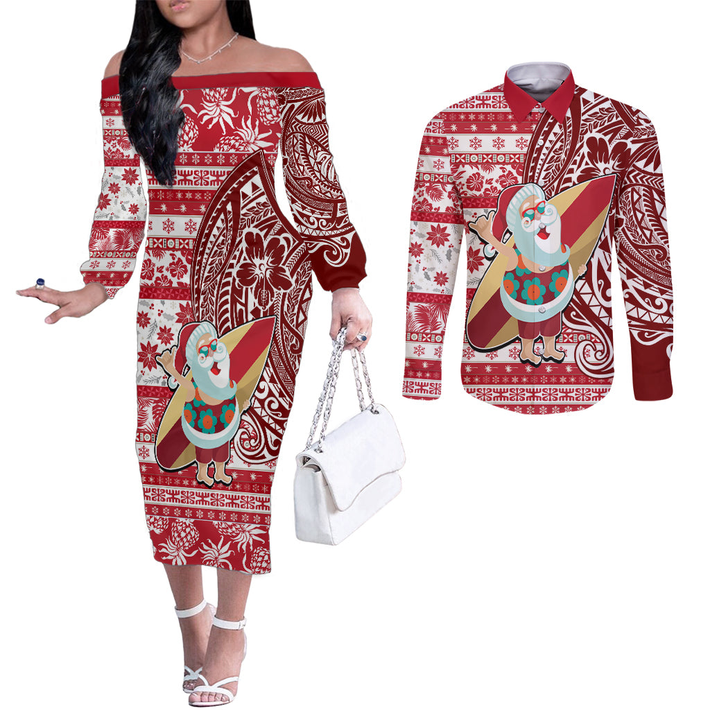 Hawaii Mele Kalikimaka Couples Matching Off The Shoulder Long Sleeve Dress and Long Sleeve Button Shirt Santa Claus Surfing with Hawaiian Pattern Striped Red Style LT03 Red - Polynesian Pride