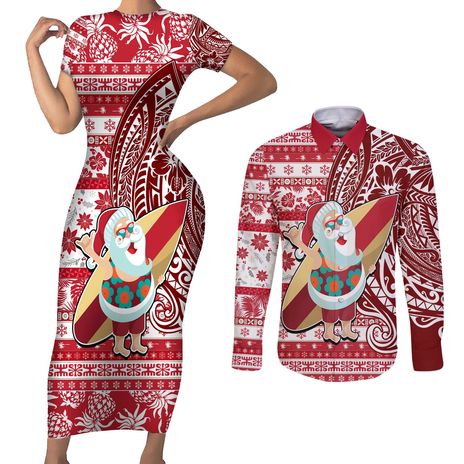 Hawaii Mele Kalikimaka Couples Matching Short Sleeve Bodycon Dress and Long Sleeve Button Shirt Santa Claus Surfing with Hawaiian Pattern Striped Red Style LT03 Red - Polynesian Pride