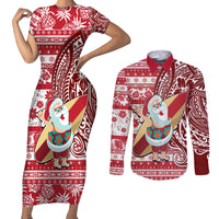 Hawaii Mele Kalikimaka Couples Matching Short Sleeve Bodycon Dress and Long Sleeve Button Shirt Santa Claus Surfing with Hawaiian Pattern Striped Red Style LT03 Red - Polynesian Pride