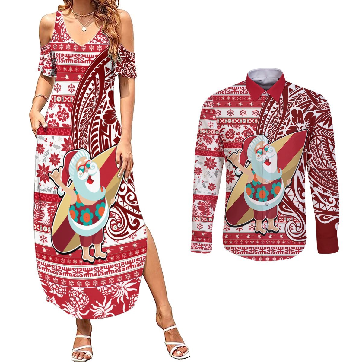 Hawaii Mele Kalikimaka Couples Matching Summer Maxi Dress and Long Sleeve Button Shirt Santa Claus Surfing with Hawaiian Pattern Striped Red Style LT03 Red - Polynesian Pride