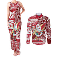 Hawaii Mele Kalikimaka Couples Matching Tank Maxi Dress and Long Sleeve Button Shirt Santa Claus Surfing with Hawaiian Pattern Striped Red Style LT03 Red - Polynesian Pride