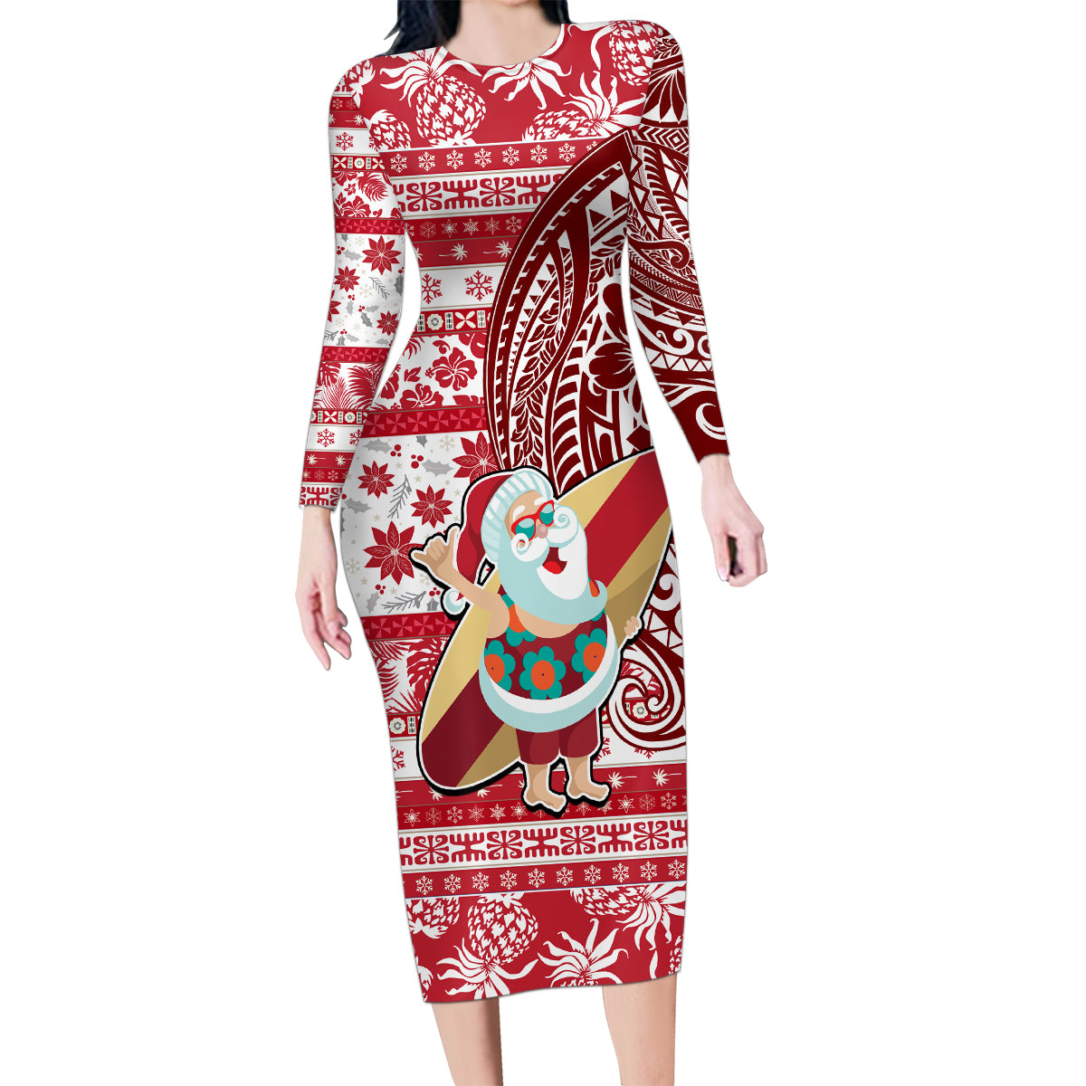 Hawaii Mele Kalikimaka Family Matching Long Sleeve Bodycon Dress and Hawaiian Shirt Santa Claus Surfing with Hawaiian Pattern Striped Red Style LT03 Mom's Dress Red - Polynesian Pride