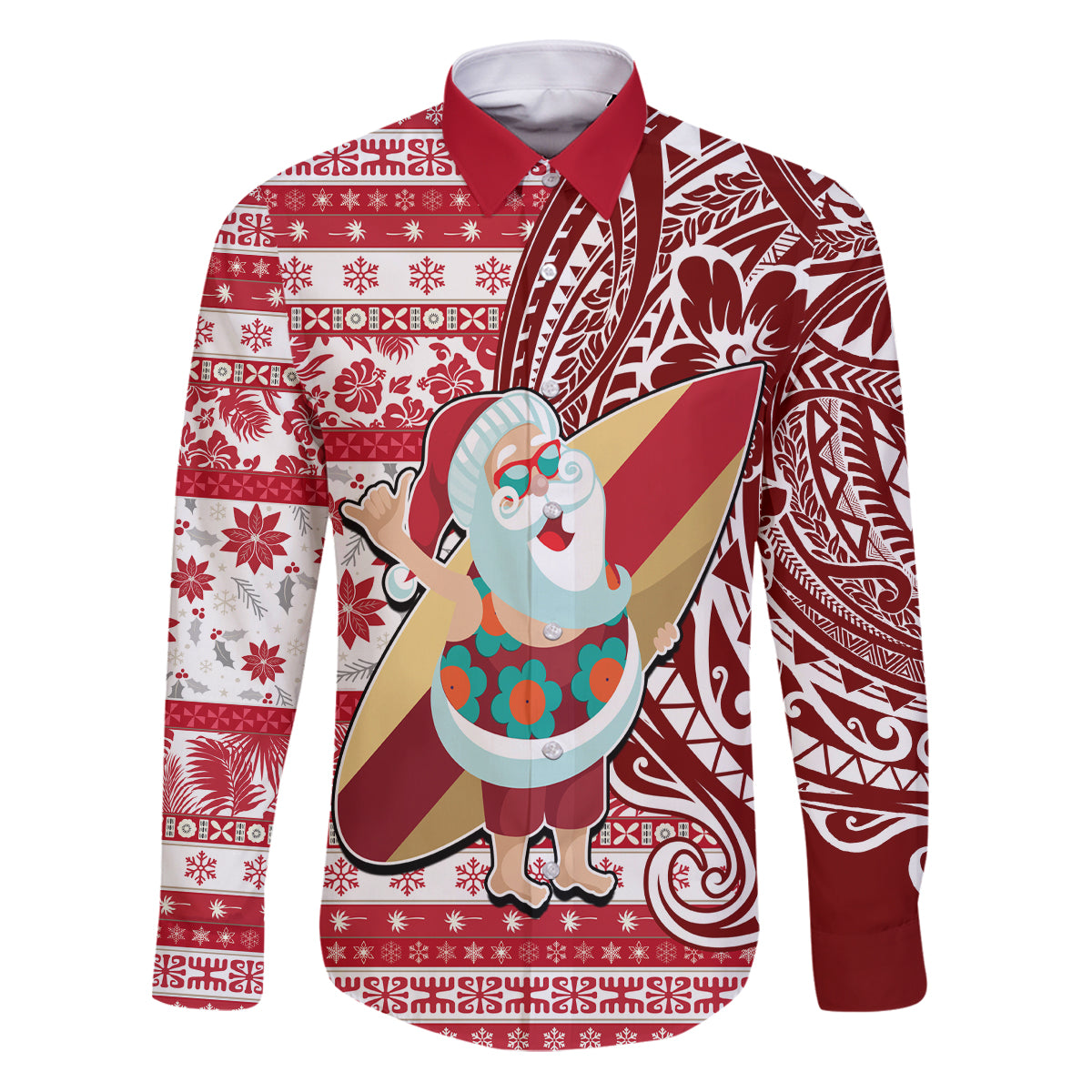 Hawaii Mele Kalikimaka Family Matching Puletasi Dress and Hawaiian Shirt Santa Claus Surfing with Hawaiian Pattern Striped Red Style LT03 Dad's Shirt - Long Sleeve Red - Polynesian Pride