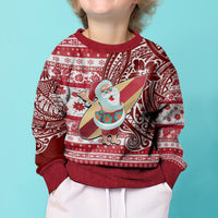 Hawaii Mele Kalikimaka Kid Ugly Christmas Sweater Santa Claus Surfing with Hawaiian Pattern Striped Red Style LT03 - Polynesian Pride