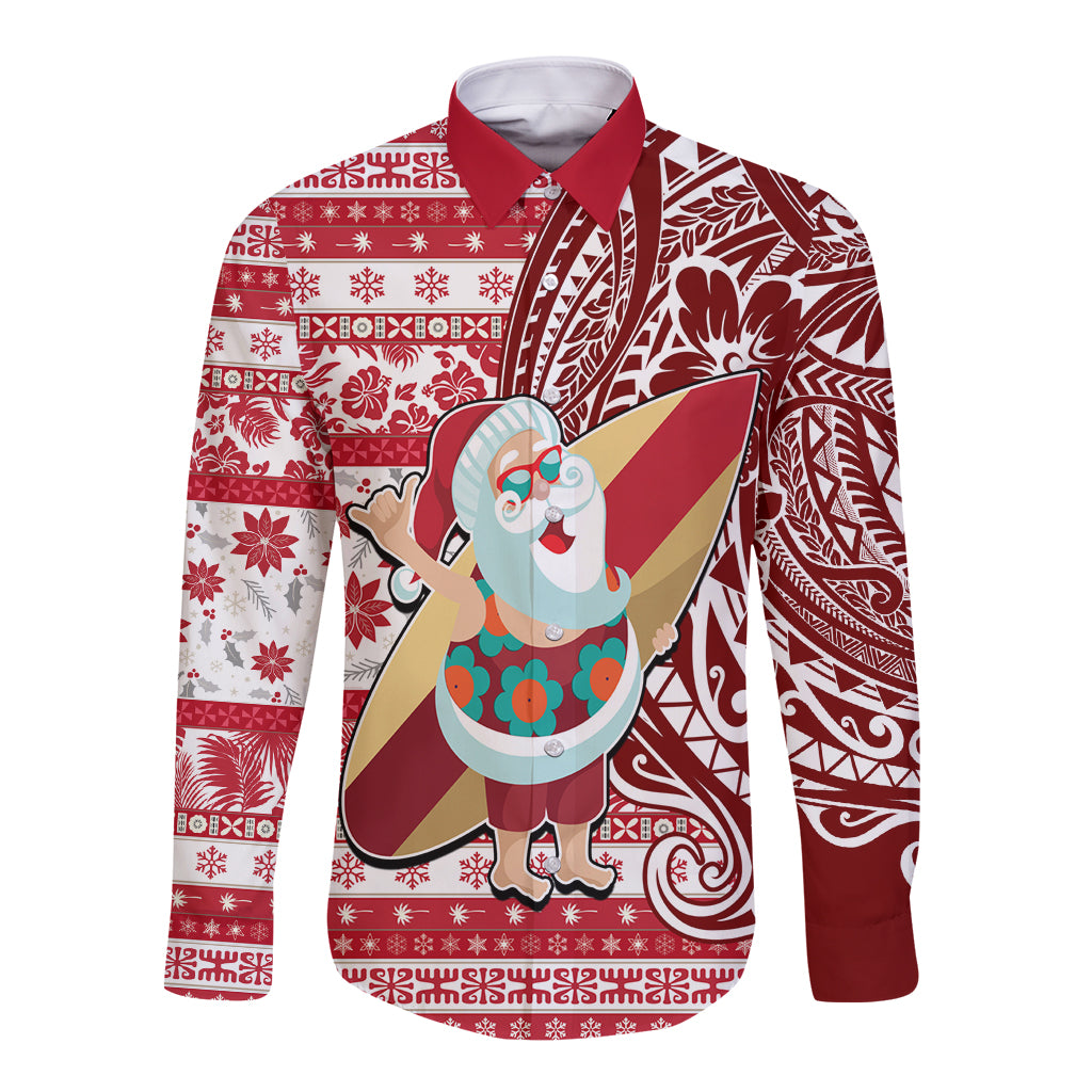 Hawaii Mele Kalikimaka Long Sleeve Button Shirt Santa Claus Surfing with Hawaiian Pattern Striped Red Style LT03 Unisex Red - Polynesian Pride