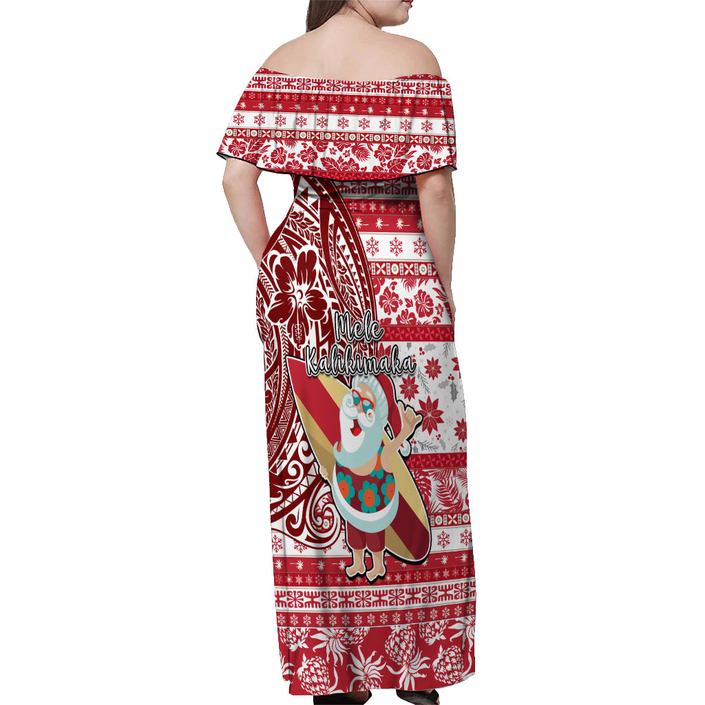 Hawaii Mele Kalikimaka Off Shoulder Maxi Dress Santa Claus Surfing with Hawaiian Pattern Striped Red Style LT03 - Polynesian Pride