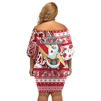 Hawaii Mele Kalikimaka Off Shoulder Short Dress Santa Claus Surfing with Hawaiian Pattern Striped Red Style LT03 - Polynesian Pride
