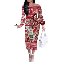 Hawaii Mele Kalikimaka Off The Shoulder Long Sleeve Dress Santa Claus Surfing with Hawaiian Pattern Striped Red Style LT03 Women Red - Polynesian Pride