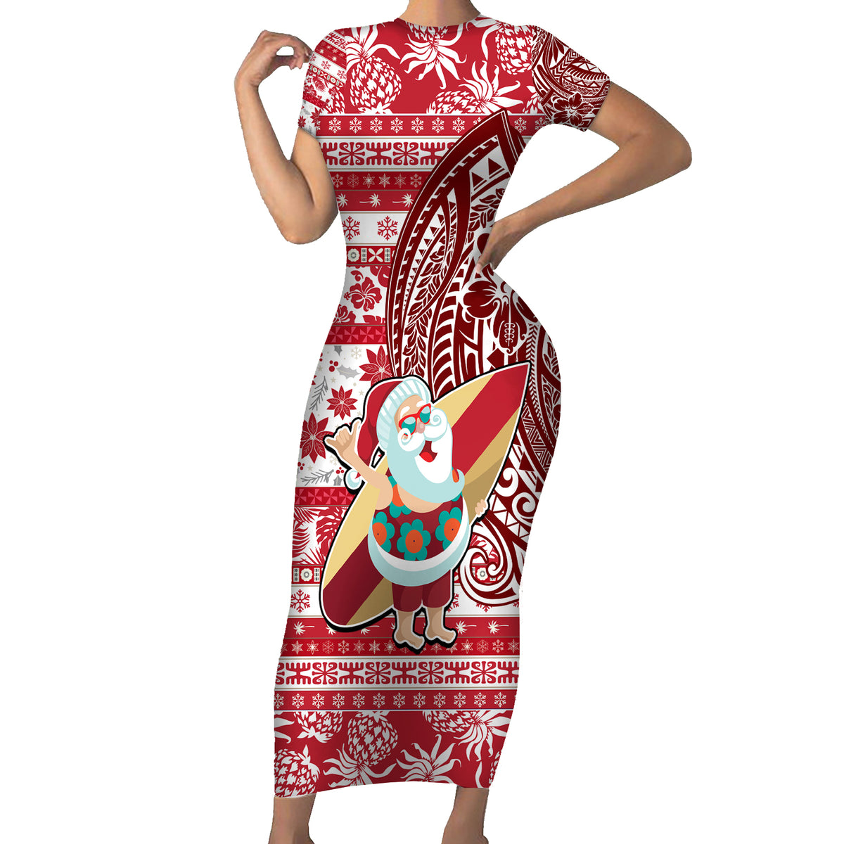 Hawaii Mele Kalikimaka Short Sleeve Bodycon Dress Santa Claus Surfing with Hawaiian Pattern Striped Red Style LT03 Long Dress Red - Polynesian Pride