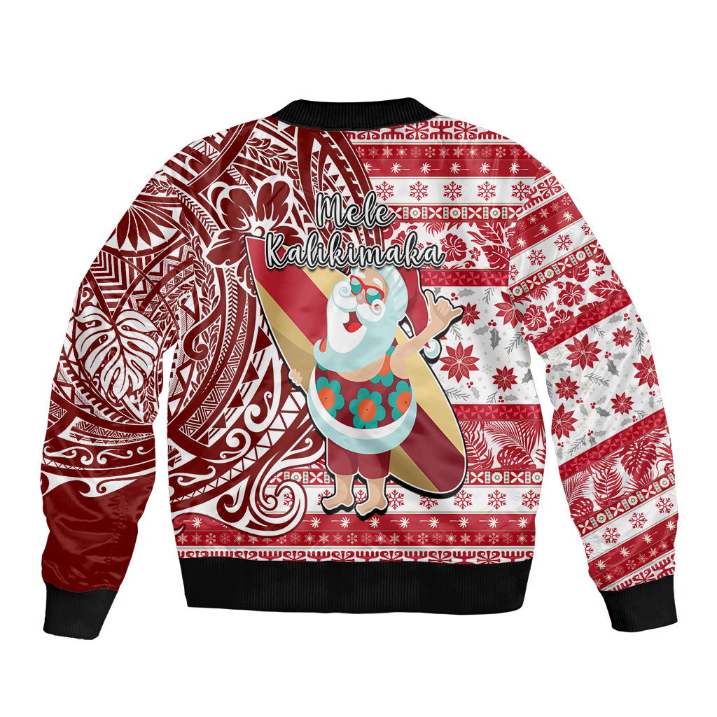 Hawaii Mele Kalikimaka Sleeve Zip Bomber Jacket Santa Claus Surfing with Hawaiian Pattern Striped Red Style LT03 - Polynesian Pride