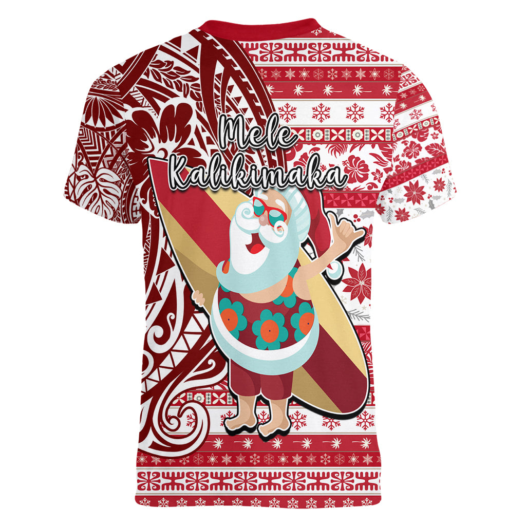 Hawaii Mele Kalikimaka Women V Neck T Shirt Santa Claus Surfing with Hawaiian Pattern Striped Red Style LT03 - Polynesian Pride