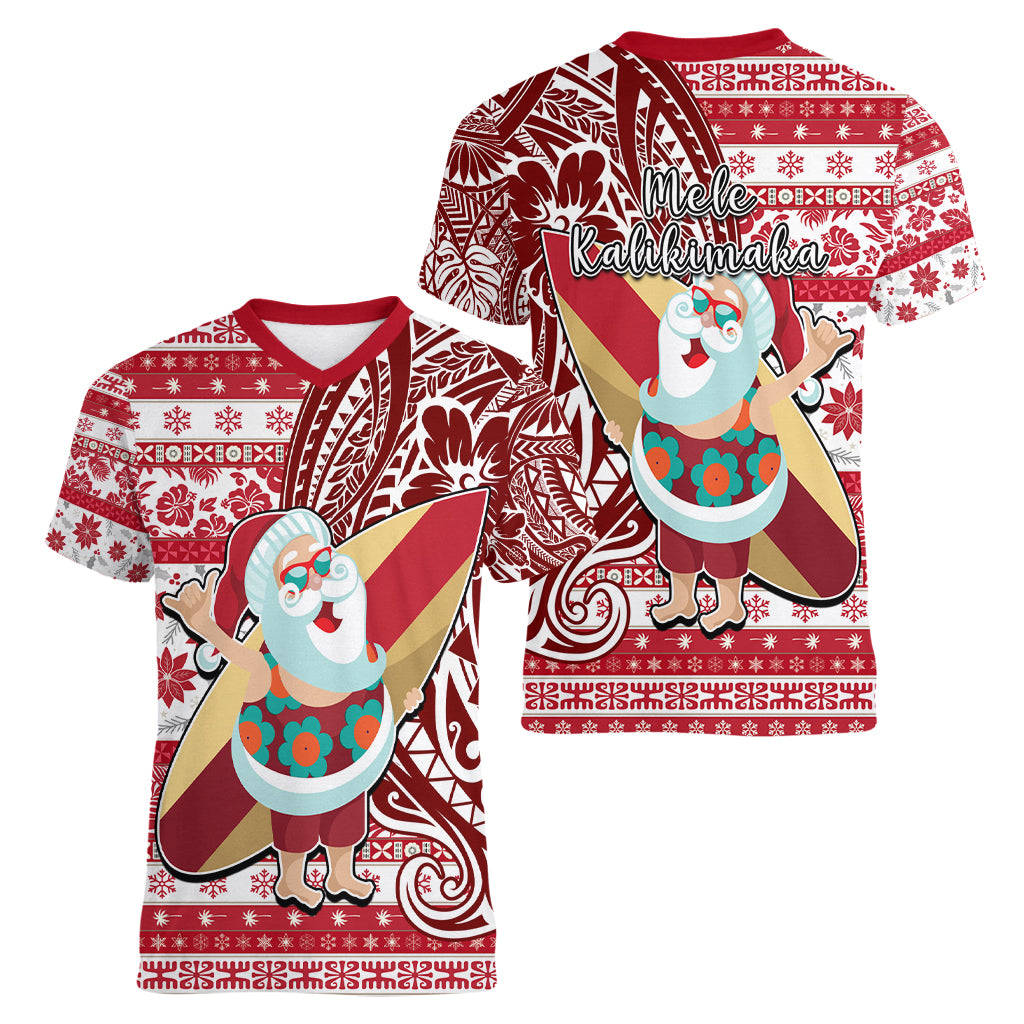 Hawaii Mele Kalikimaka Women V Neck T Shirt Santa Claus Surfing with Hawaiian Pattern Striped Red Style LT03 - Polynesian Pride