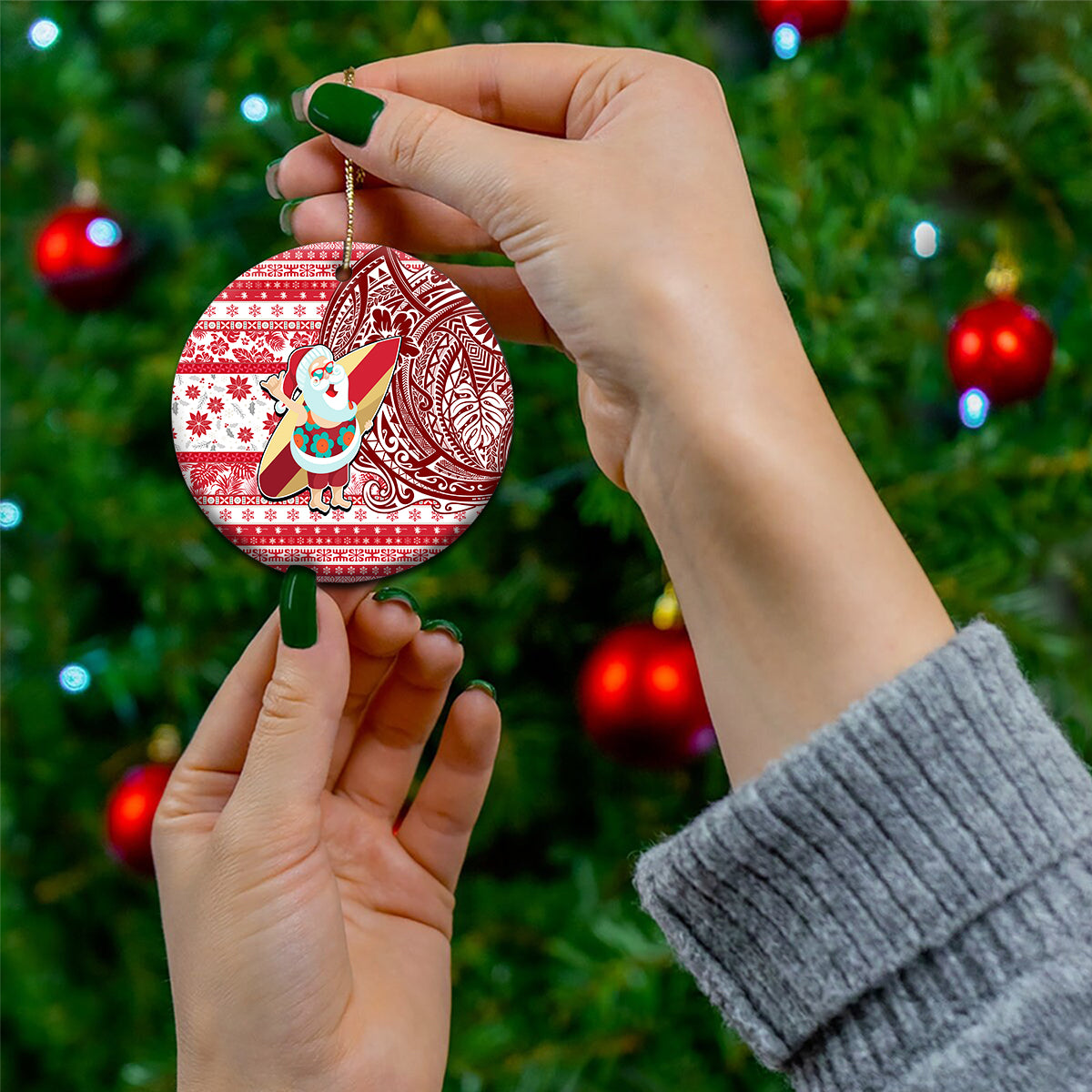 Custom Hawaii Mele Kalikimaka Ceramic Ornament Santa Claus Surfing with Hawaiian Pattern Striped Red Style LT03 - Polynesian Pride