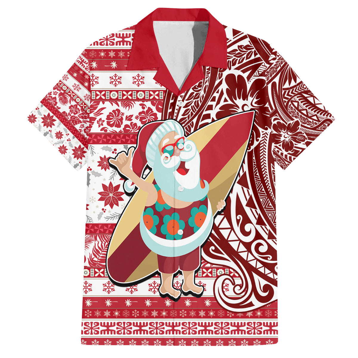Custom Hawaii Mele Kalikimaka Family Matching Long Sleeve Bodycon Dress and Hawaiian Shirt Santa Claus Surfing with Hawaiian Pattern Striped Red Style LT03 Dad's Shirt - Short Sleeve Red - Polynesian Pride