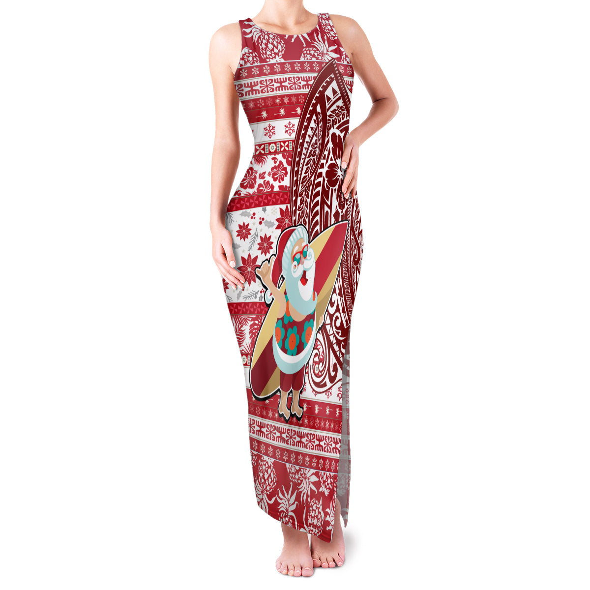 Custom Hawaii Mele Kalikimaka Family Matching Tank Maxi Dress and Hawaiian Shirt Santa Claus Surfing with Hawaiian Pattern Striped Red Style LT03 Mom's Dress Red - Polynesian Pride