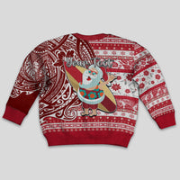 Custom Hawaii Mele Kalikimaka Kid Ugly Christmas Sweater Santa Claus Surfing with Hawaiian Pattern Striped Red Style LT03 - Polynesian Pride