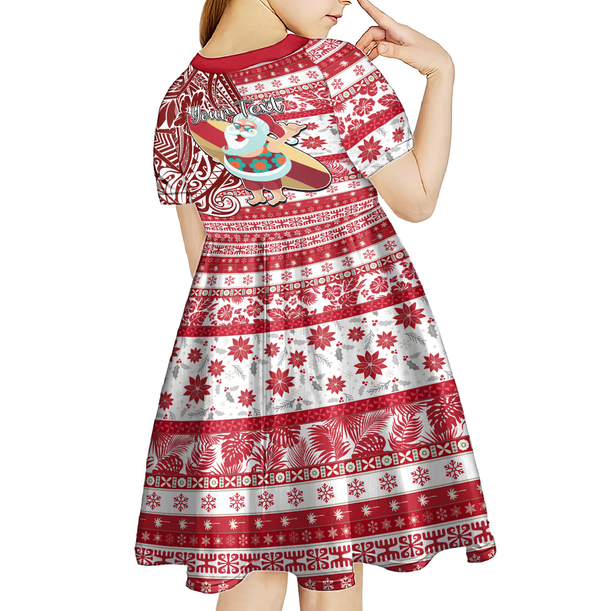 Custom Hawaii Mele Kalikimaka Kid Short Sleeve Dress Santa Claus Surfing with Hawaiian Pattern Striped Red Style LT03 - Polynesian Pride