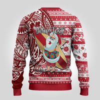 Custom Hawaii Mele Kalikimaka Ugly Christmas Sweater Santa Claus Surfing with Hawaiian Pattern Striped Red Style LT03 - Polynesian Pride