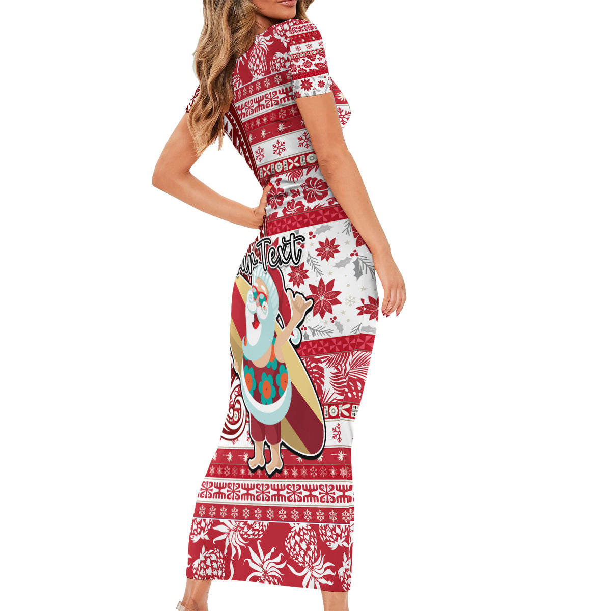 Custom Hawaii Mele Kalikimaka Short Sleeve Bodycon Dress Santa Claus Surfing with Hawaiian Pattern Striped Red Style LT03 - Polynesian Pride