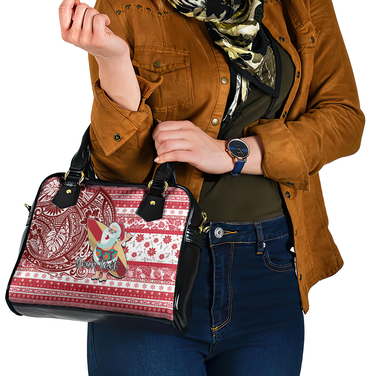 Custom Hawaii Mele Kalikimaka Shoulder Handbag Santa Claus Surfing with Hawaiian Pattern Striped Red Style LT03 - Polynesian Pride