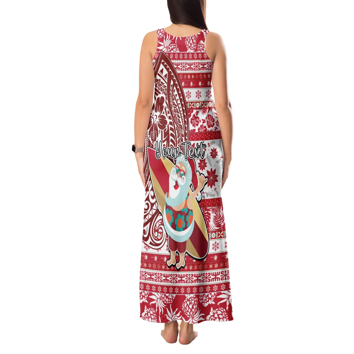 Custom Hawaii Mele Kalikimaka Tank Maxi Dress Santa Claus Surfing with Hawaiian Pattern Striped Red Style LT03 - Polynesian Pride