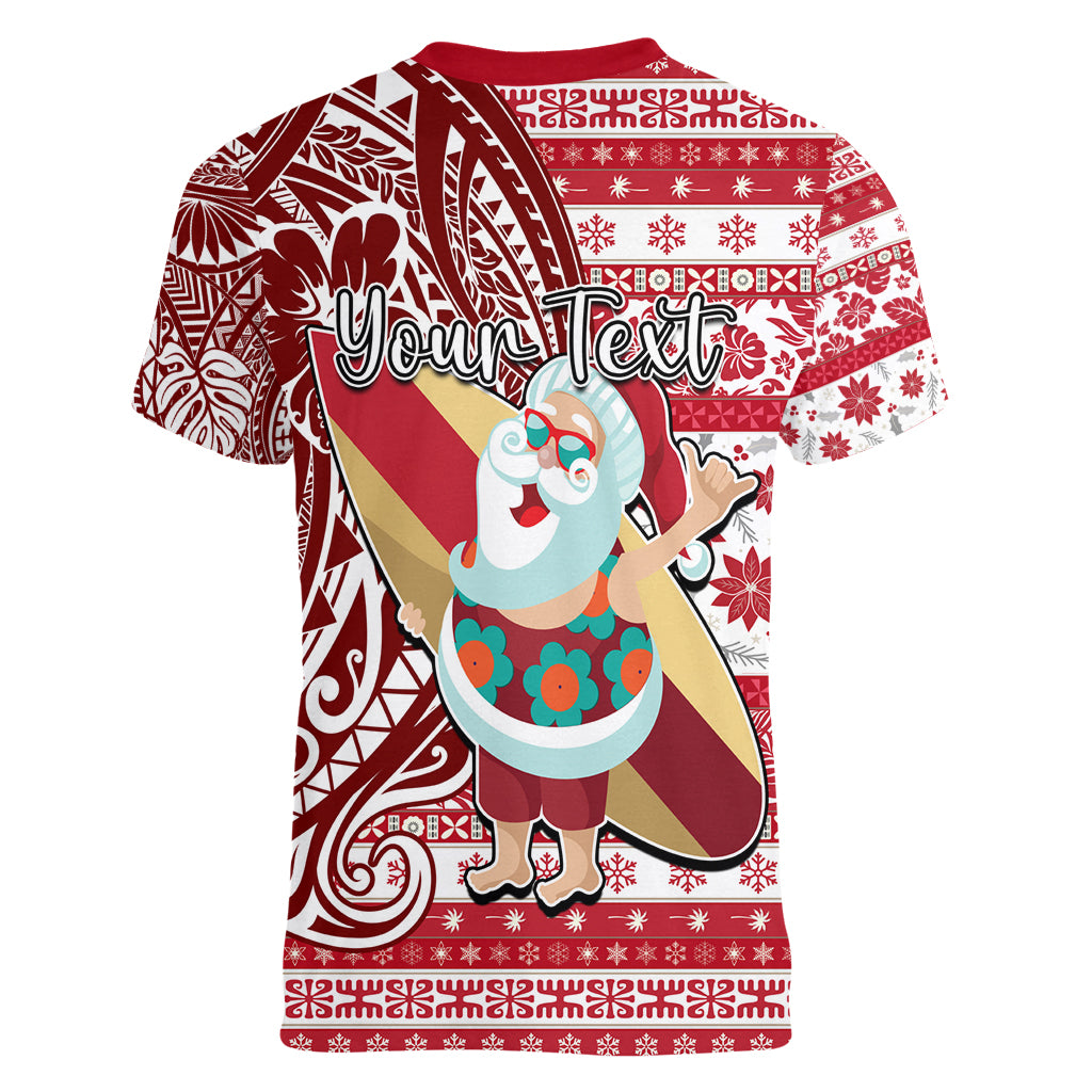 Custom Hawaii Mele Kalikimaka Women V Neck T Shirt Santa Claus Surfing with Hawaiian Pattern Striped Red Style LT03 - Polynesian Pride