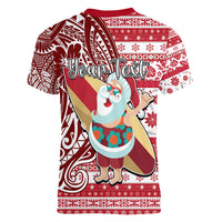 Custom Hawaii Mele Kalikimaka Women V Neck T Shirt Santa Claus Surfing with Hawaiian Pattern Striped Red Style LT03 - Polynesian Pride