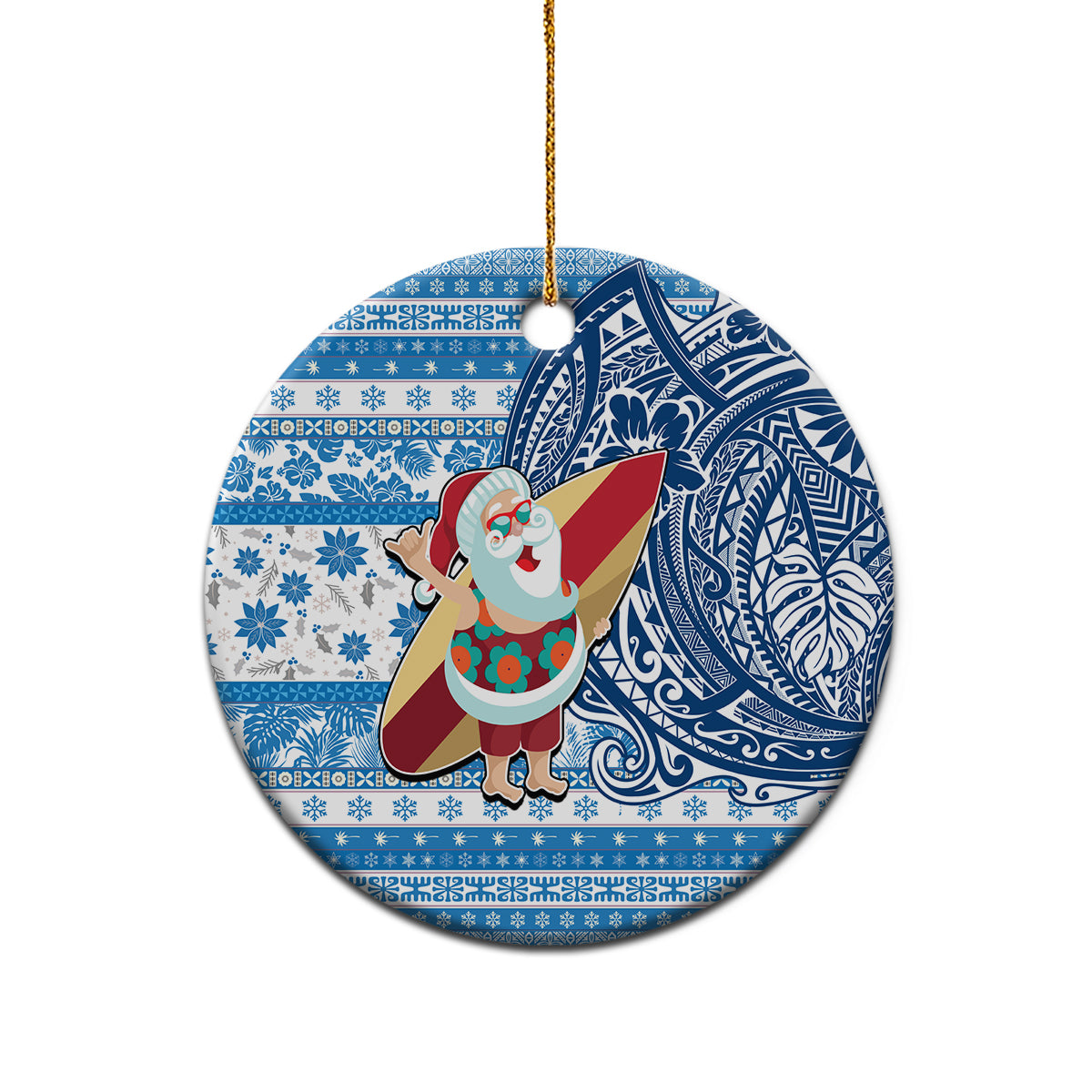 Hawaii Mele Kalikimaka Ceramic Ornament Santa Claus Surfing with Hawaiian Pattern Striped Blue Style LT03 - Polynesian Pride