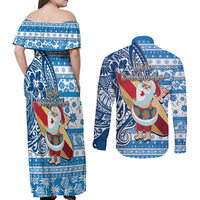 Hawaii Mele Kalikimaka Couples Matching Off Shoulder Maxi Dress and Long Sleeve Button Shirt Santa Claus Surfing with Hawaiian Pattern Striped Blue Style LT03 - Polynesian Pride