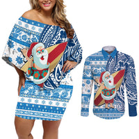 Hawaii Mele Kalikimaka Couples Matching Off Shoulder Short Dress and Long Sleeve Button Shirt Santa Claus Surfing with Hawaiian Pattern Striped Blue Style LT03 Blue - Polynesian Pride