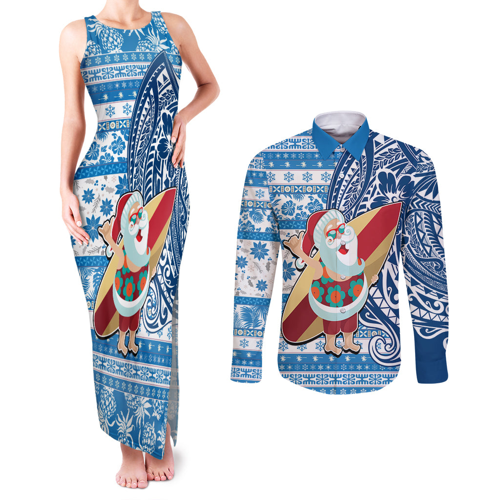 Hawaii Mele Kalikimaka Couples Matching Tank Maxi Dress and Long Sleeve Button Shirt Santa Claus Surfing with Hawaiian Pattern Striped Blue Style LT03 Blue - Polynesian Pride
