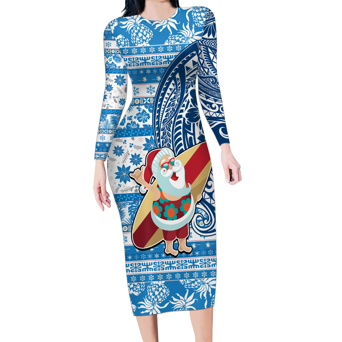 Hawaii Mele Kalikimaka Family Matching Long Sleeve Bodycon Dress and Hawaiian Shirt Santa Claus Surfing with Hawaiian Pattern Striped Blue Style LT03 Mom's Dress Blue - Polynesian Pride