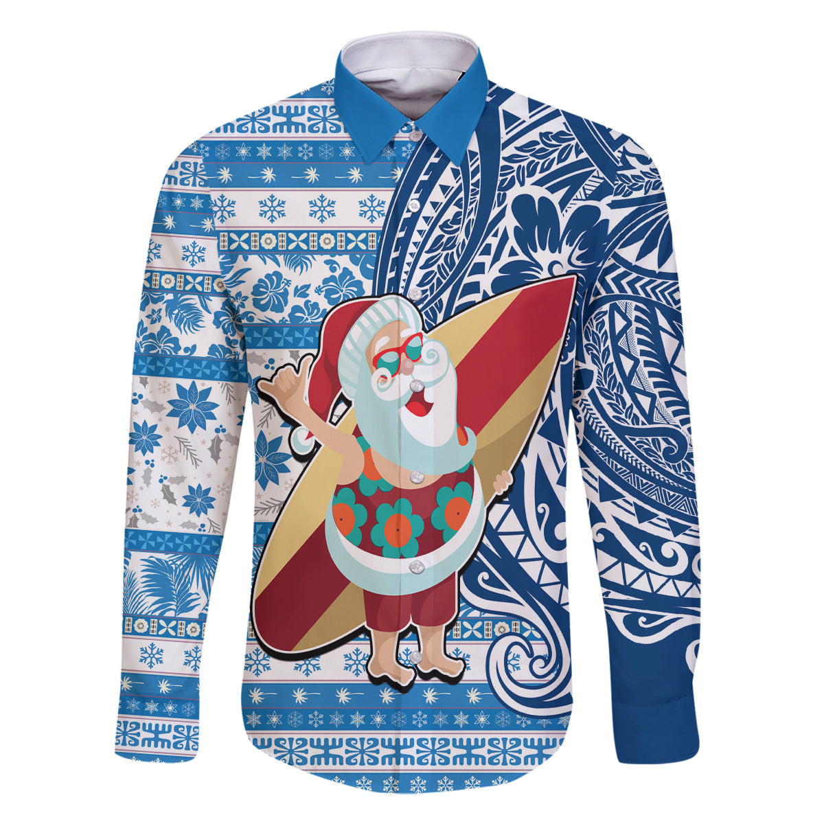 Hawaii Mele Kalikimaka Family Matching Tank Maxi Dress and Hawaiian Shirt Santa Claus Surfing with Hawaiian Pattern Striped Blue Style LT03 Dad's Shirt - Long Sleeve Blue - Polynesian Pride