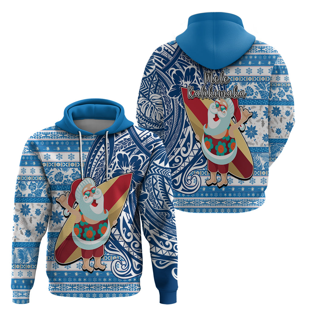 Hawaii Mele Kalikimaka Hoodie Santa Claus Surfing with Hawaiian Pattern Striped Blue Style LT03 - Polynesian Pride