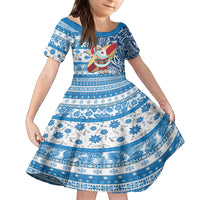 Hawaii Mele Kalikimaka Kid Short Sleeve Dress Santa Claus Surfing with Hawaiian Pattern Striped Blue Style LT03 KID Blue - Polynesian Pride