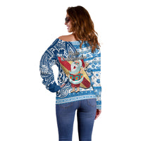 Hawaii Mele Kalikimaka Off Shoulder Sweater Santa Claus Surfing with Hawaiian Pattern Striped Blue Style LT03 - Polynesian Pride