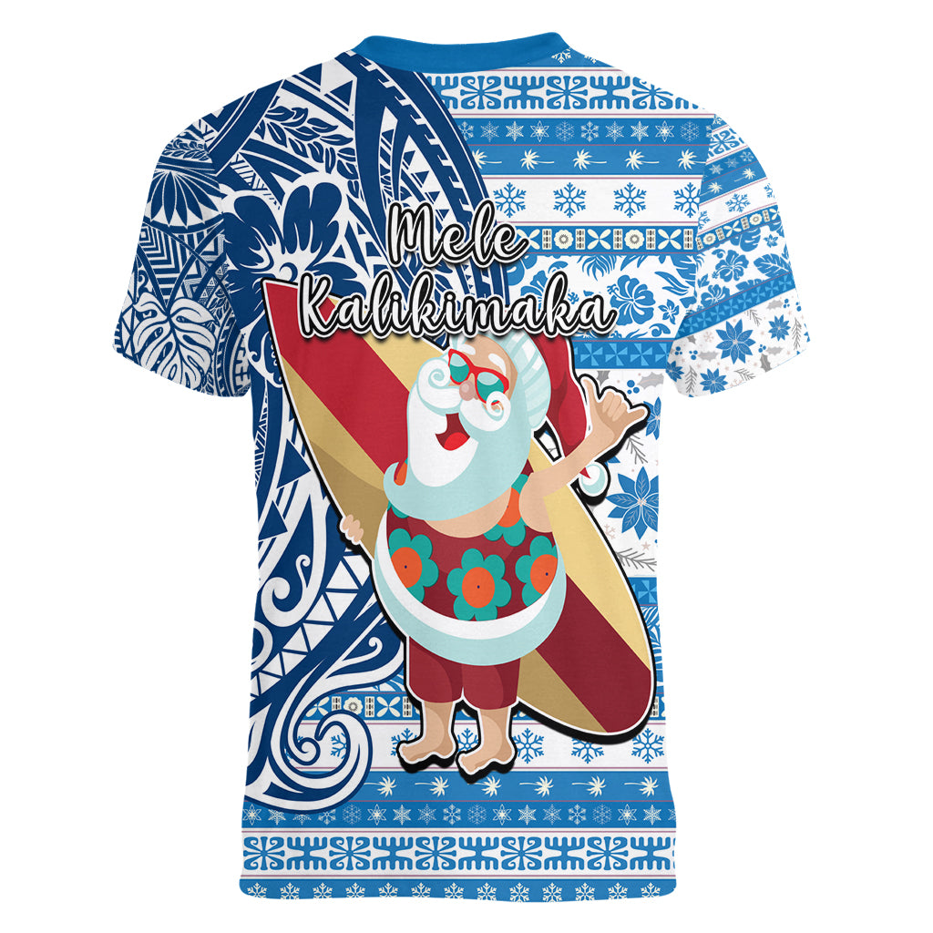 Hawaii Mele Kalikimaka Women V Neck T Shirt Santa Claus Surfing with Hawaiian Pattern Striped Blue Style LT03 - Polynesian Pride