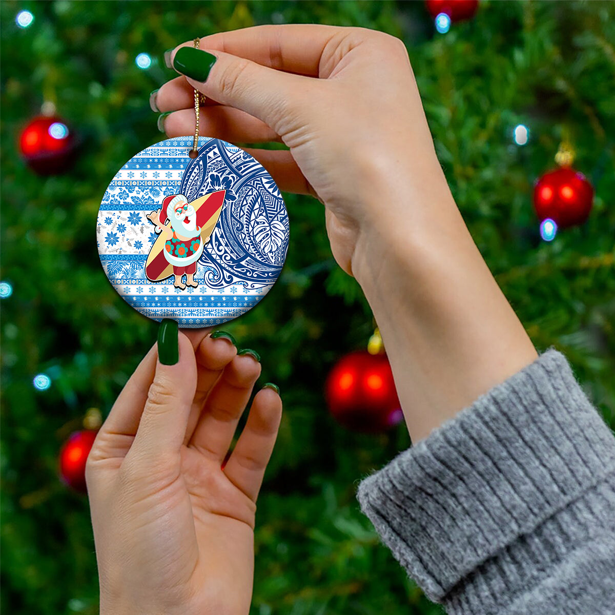 Custom Hawaii Mele Kalikimaka Ceramic Ornament Santa Claus Surfing with Hawaiian Pattern Striped Blue Style LT03 - Polynesian Pride
