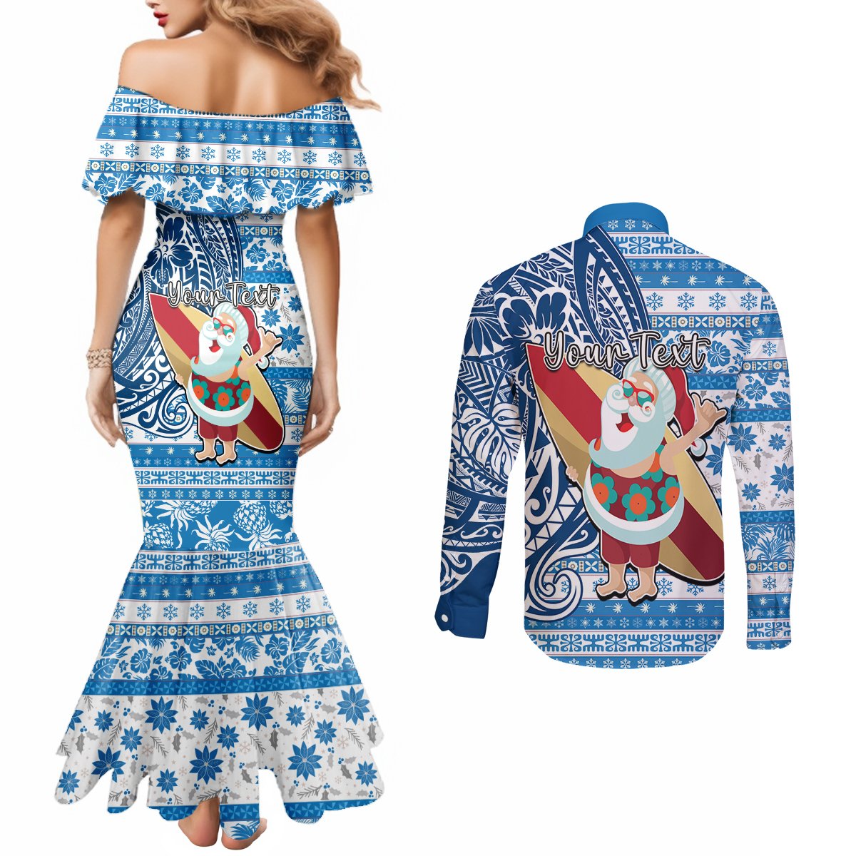 Custom Hawaii Mele Kalikimaka Couples Matching Mermaid Dress and Long Sleeve Button Shirt Santa Claus Surfing with Hawaiian Pattern Striped Blue Style LT03 - Polynesian Pride