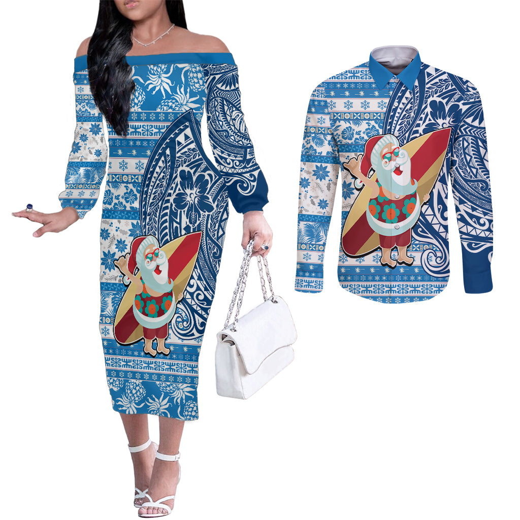 Custom Hawaii Mele Kalikimaka Couples Matching Off The Shoulder Long Sleeve Dress and Long Sleeve Button Shirt Santa Claus Surfing with Hawaiian Pattern Striped Blue Style LT03 Blue - Polynesian Pride