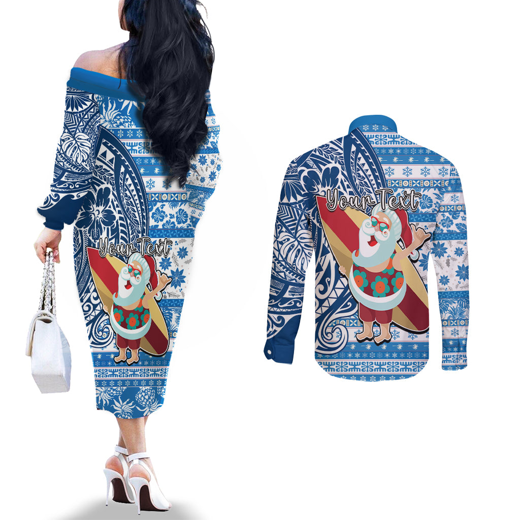 Custom Hawaii Mele Kalikimaka Couples Matching Off The Shoulder Long Sleeve Dress and Long Sleeve Button Shirt Santa Claus Surfing with Hawaiian Pattern Striped Blue Style LT03 - Polynesian Pride