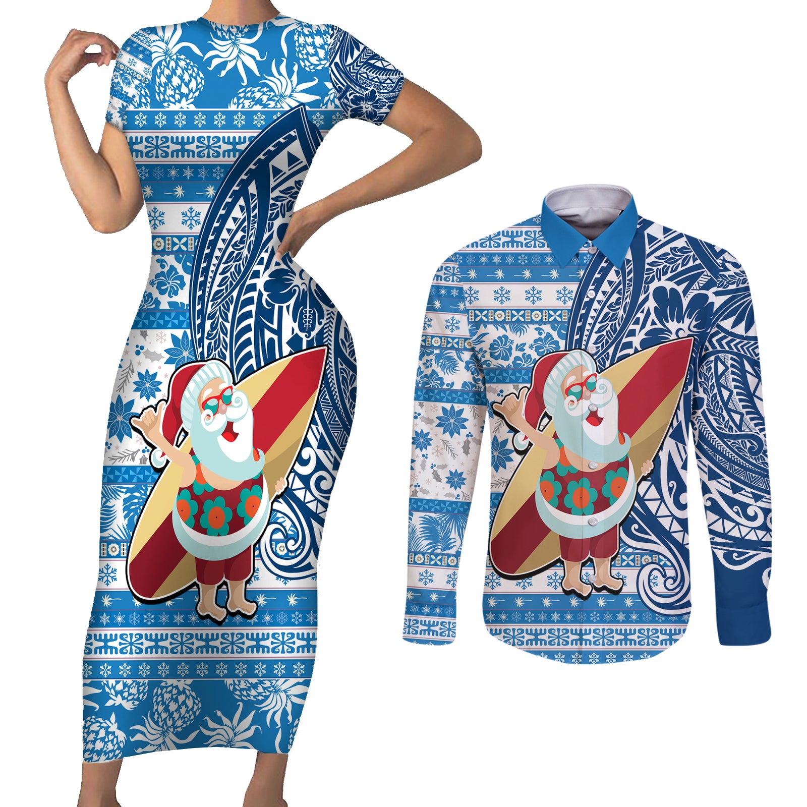Custom Hawaii Mele Kalikimaka Couples Matching Short Sleeve Bodycon Dress and Long Sleeve Button Shirt Santa Claus Surfing with Hawaiian Pattern Striped Blue Style LT03 Blue - Polynesian Pride