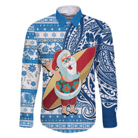 Custom Hawaii Mele Kalikimaka Family Matching Long Sleeve Bodycon Dress and Hawaiian Shirt Santa Claus Surfing with Hawaiian Pattern Striped Blue Style LT03 Dad's Shirt - Long Sleeve Blue - Polynesian Pride