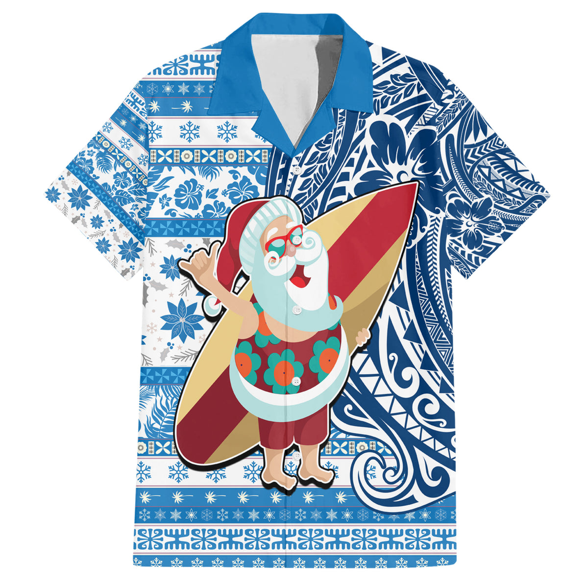 Custom Hawaii Mele Kalikimaka Family Matching Short Sleeve Bodycon Dress and Hawaiian Shirt Santa Claus Surfing with Hawaiian Pattern Striped Blue Style LT03 Dad's Shirt - Short Sleeve Blue - Polynesian Pride