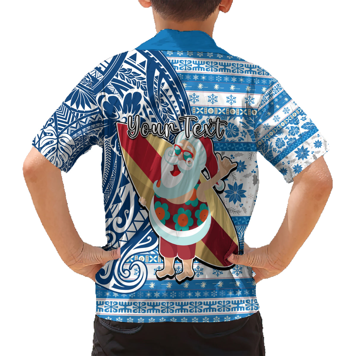 Custom Hawaii Mele Kalikimaka Kid Hawaiian Shirt Santa Claus Surfing with Hawaiian Pattern Striped Blue Style LT03 - Polynesian Pride